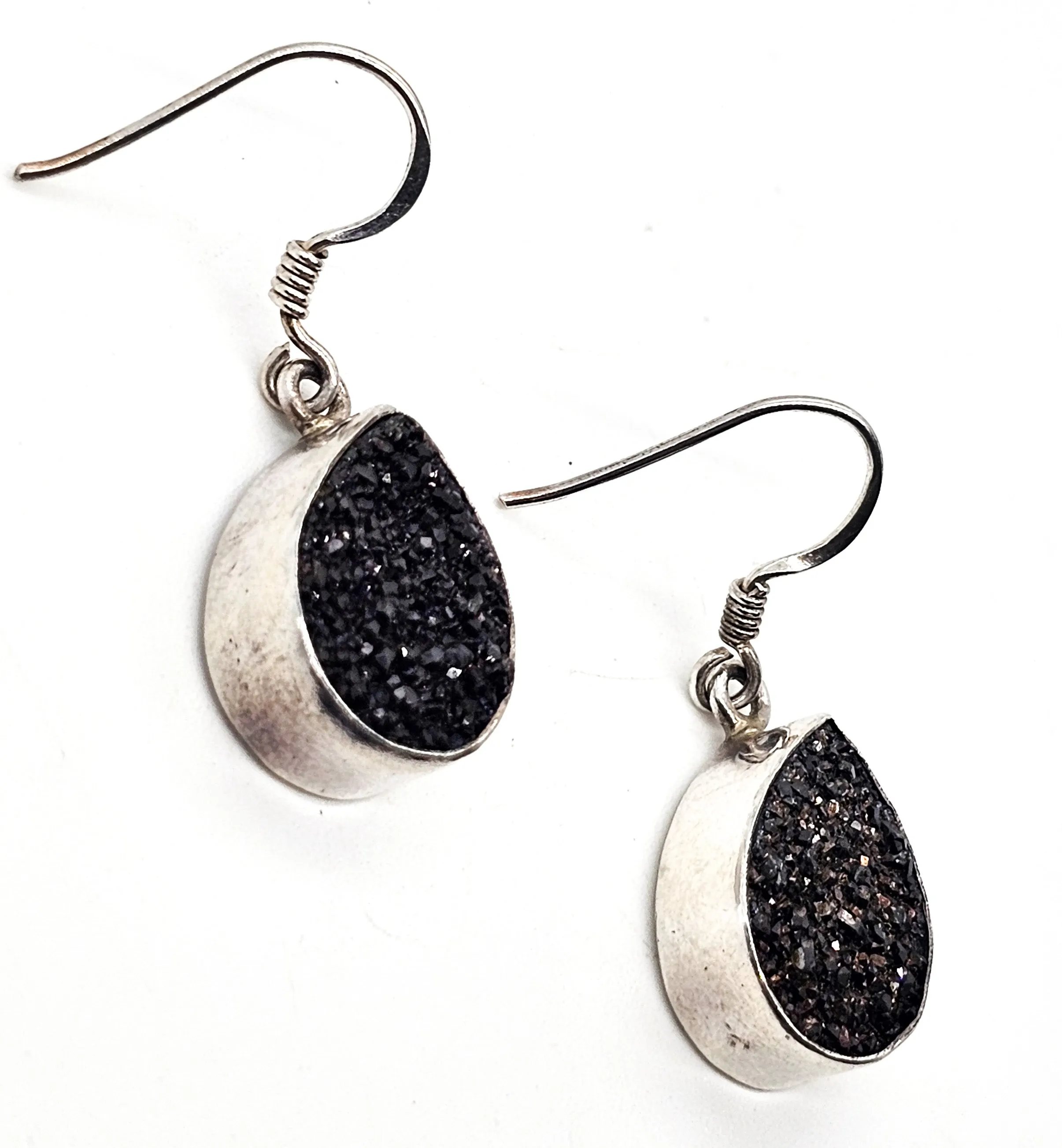 Black Druzy Chalcedony pear cut drop sterling silver earrings