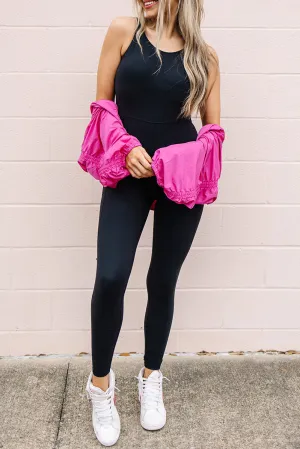 Black Exposed Seam Adjustable Straps Sports Jumpsuit