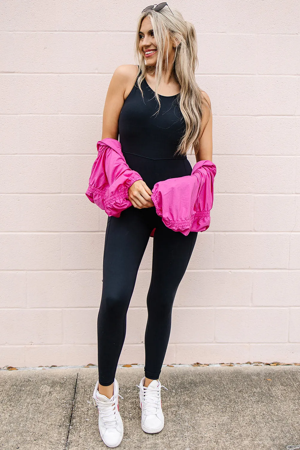Black Exposed Seam Adjustable Straps Sports Jumpsuit