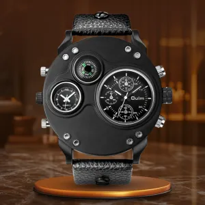 Black Leather Double Time Zone Quartz Watch