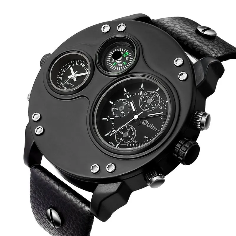 Black Leather Double Time Zone Quartz Watch