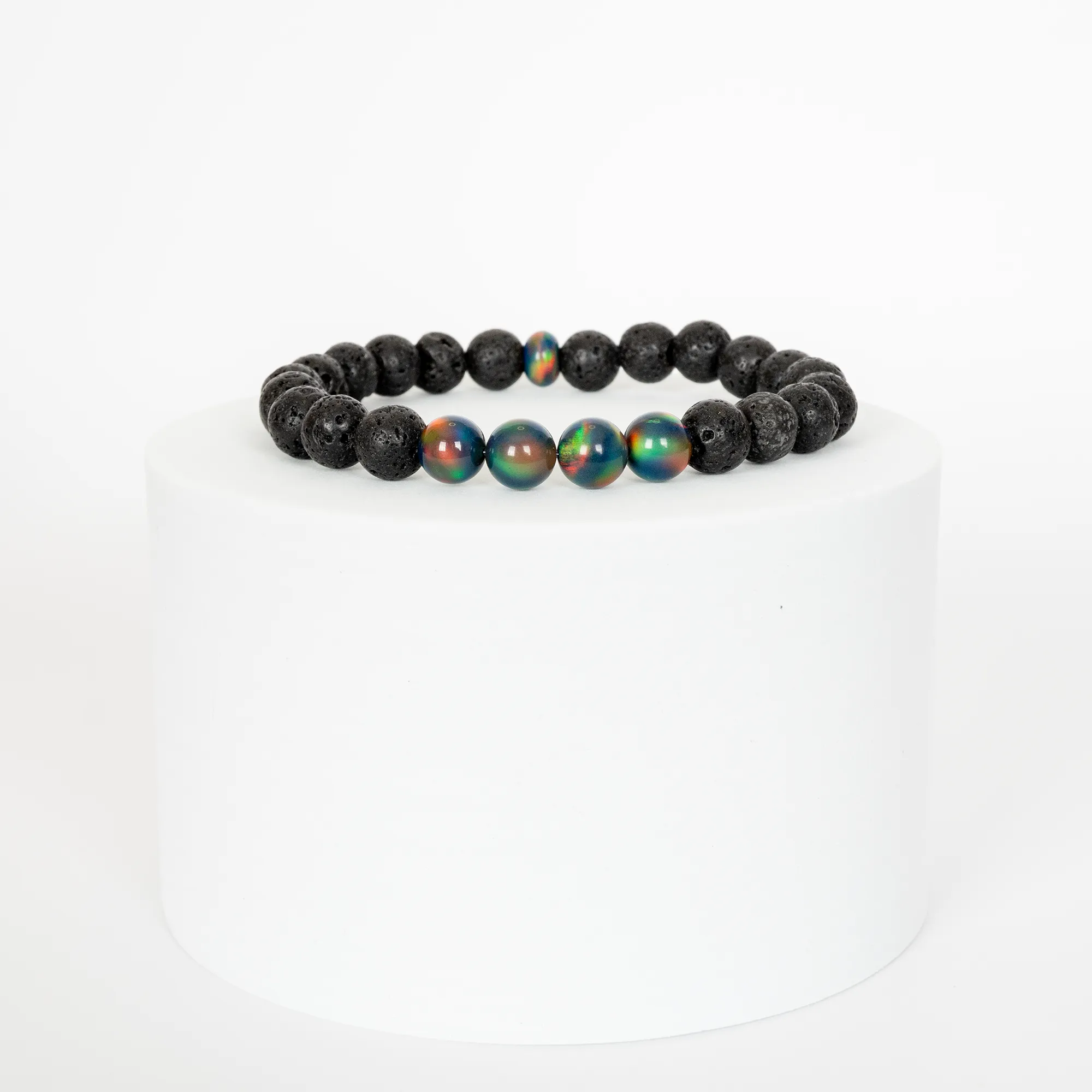 Black Rainbow Opalescence & Lava Stone Beaded Bracelet