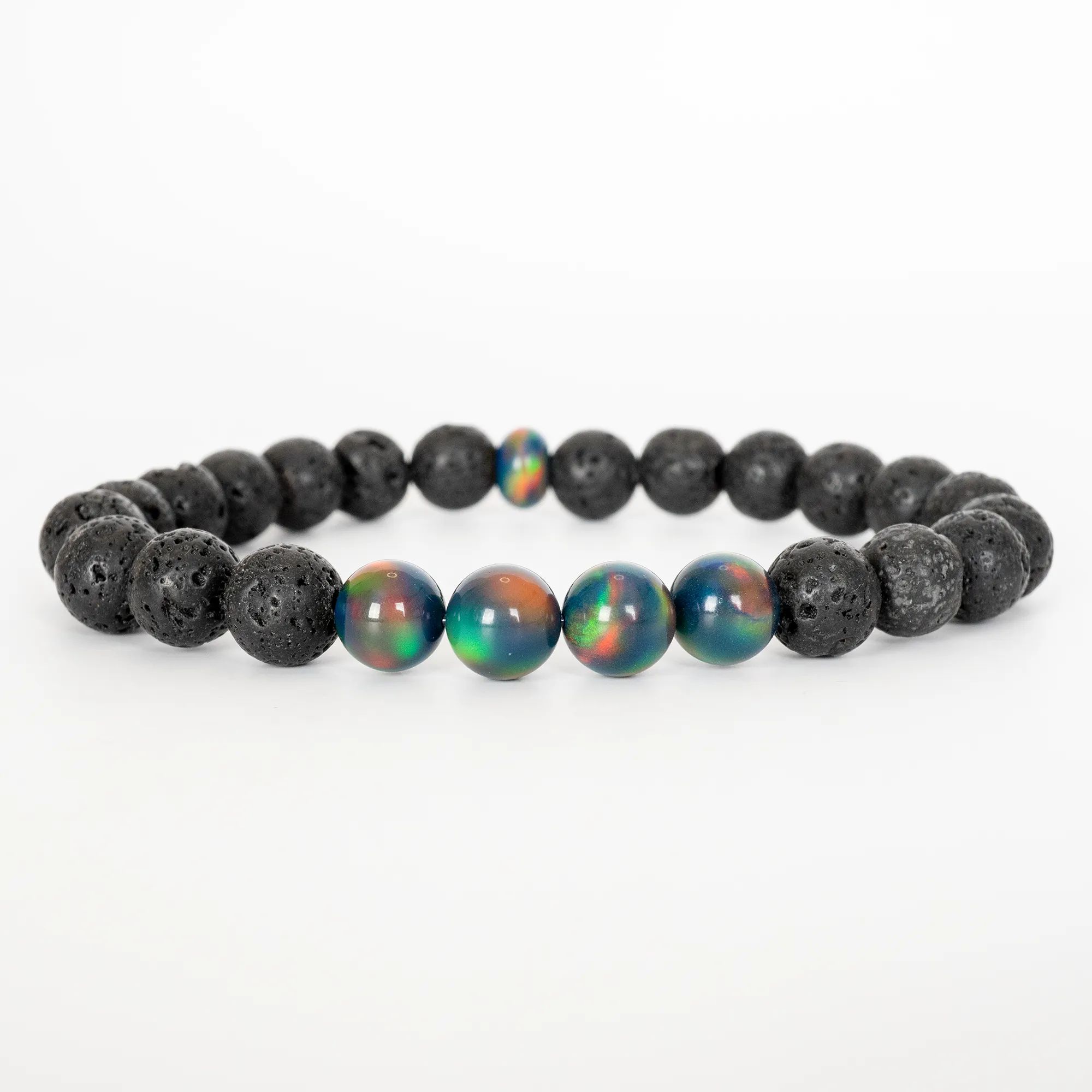 Black Rainbow Opalescence & Lava Stone Beaded Bracelet
