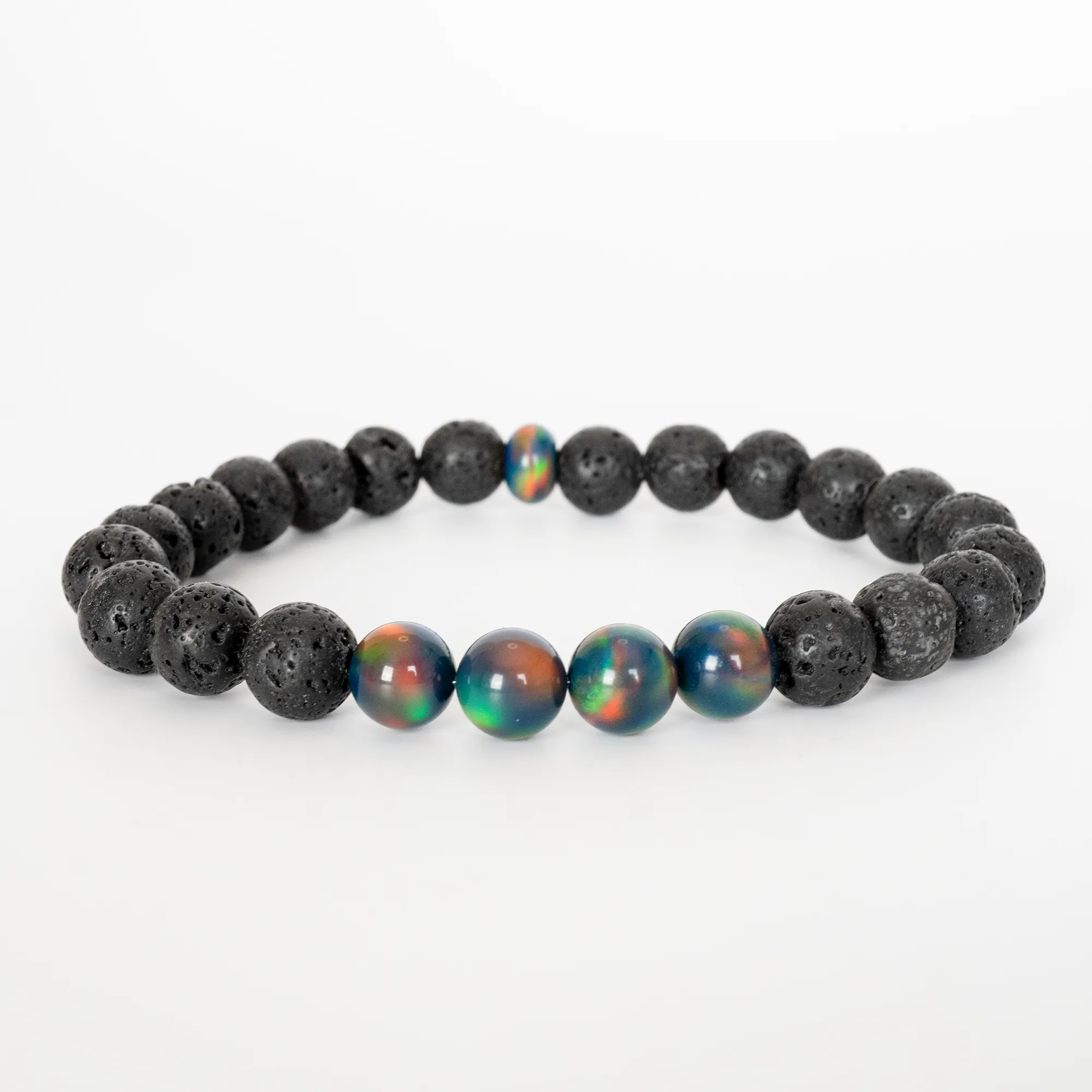 Black Rainbow Opalescence & Lava Stone Beaded Bracelet