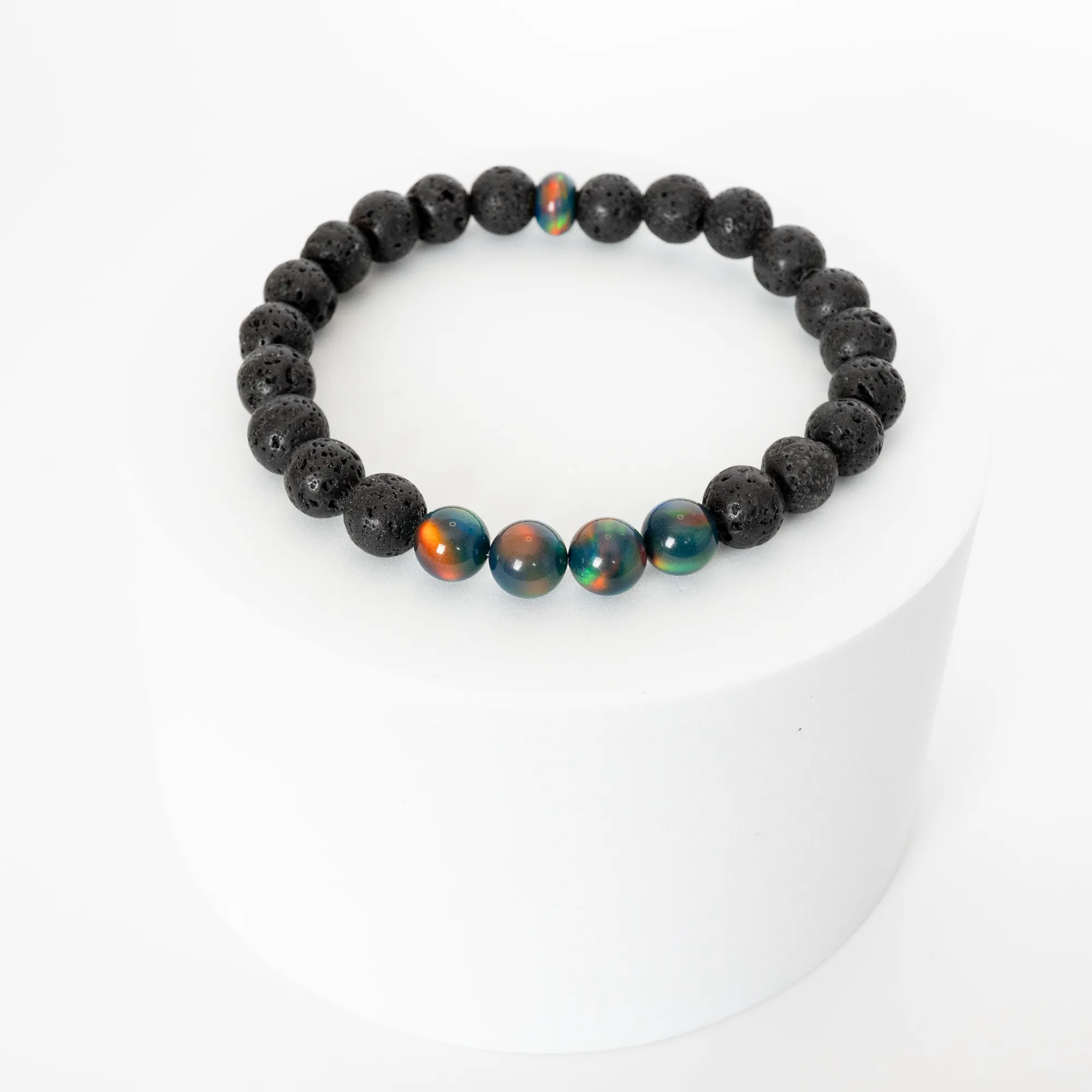 Black Rainbow Opalescence & Lava Stone Beaded Bracelet