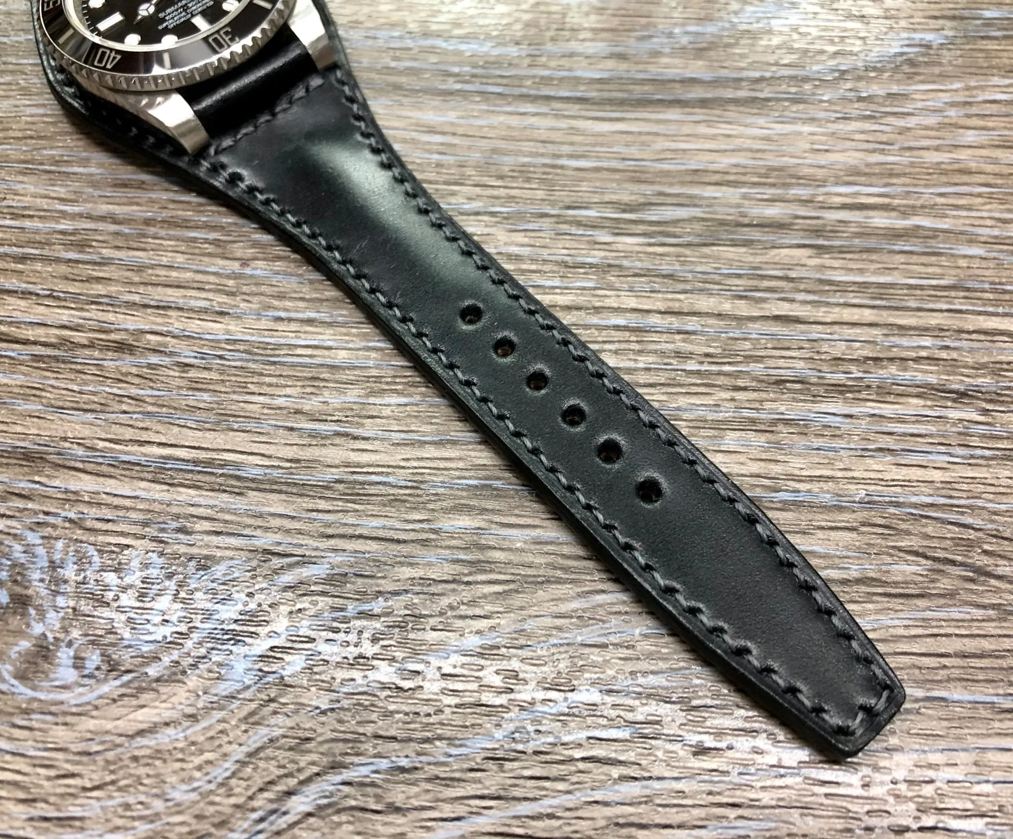Black Shell Cordovan Leather Watch Straps 20mm, Mens Wrist Watch Bands, Leather Watch Bracelets, Full Bund Straps in Grey Stitching, Personalise Gift