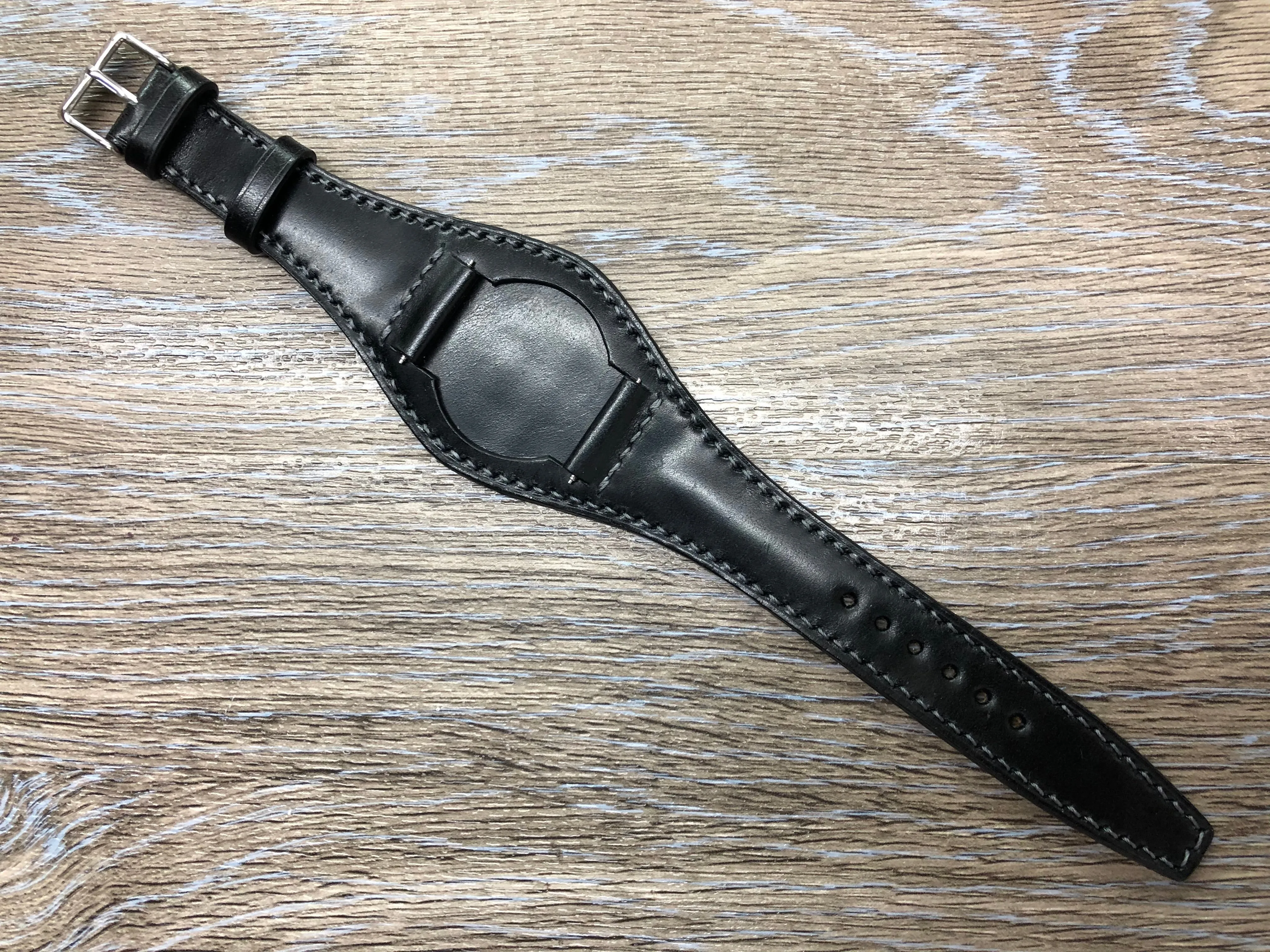 Black Shell Cordovan Leather Watch Straps 20mm, Mens Wrist Watch Bands, Leather Watch Bracelets, Full Bund Straps in Grey Stitching, Personalise Gift