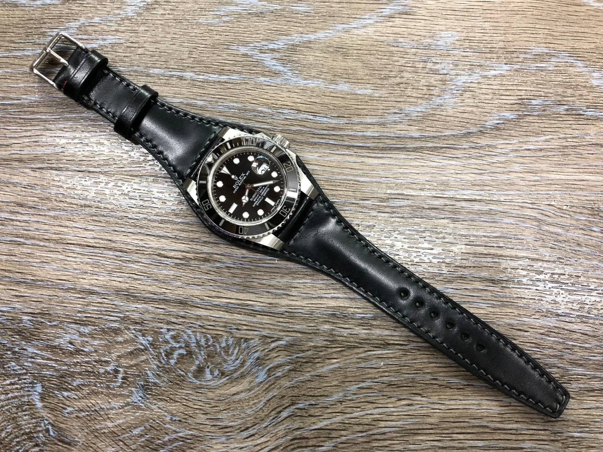 Black Shell Cordovan Leather Watch Straps 20mm, Mens Wrist Watch Bands, Leather Watch Bracelets, Full Bund Straps in Grey Stitching, Personalise Gift