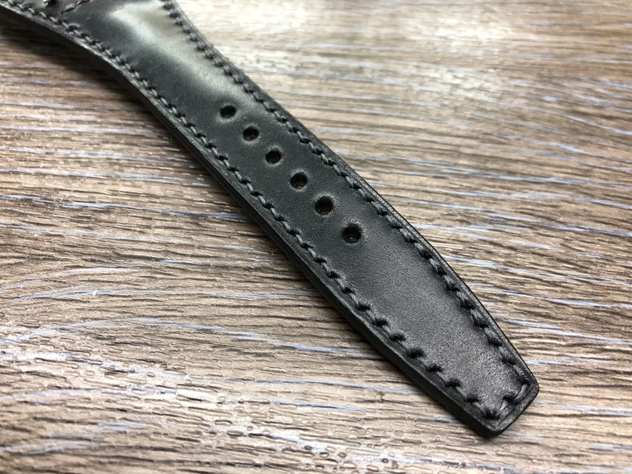 Black Shell Cordovan Leather Watch Straps 20mm, Mens Wrist Watch Bands, Leather Watch Bracelets, Full Bund Straps in Grey Stitching, Personalise Gift