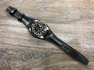 Black Shell Cordovan Leather Watch Straps 20mm, Mens Wrist Watch Bands, Leather Watch Bracelets, Full Bund Straps in Grey Stitching, Personalise Gift