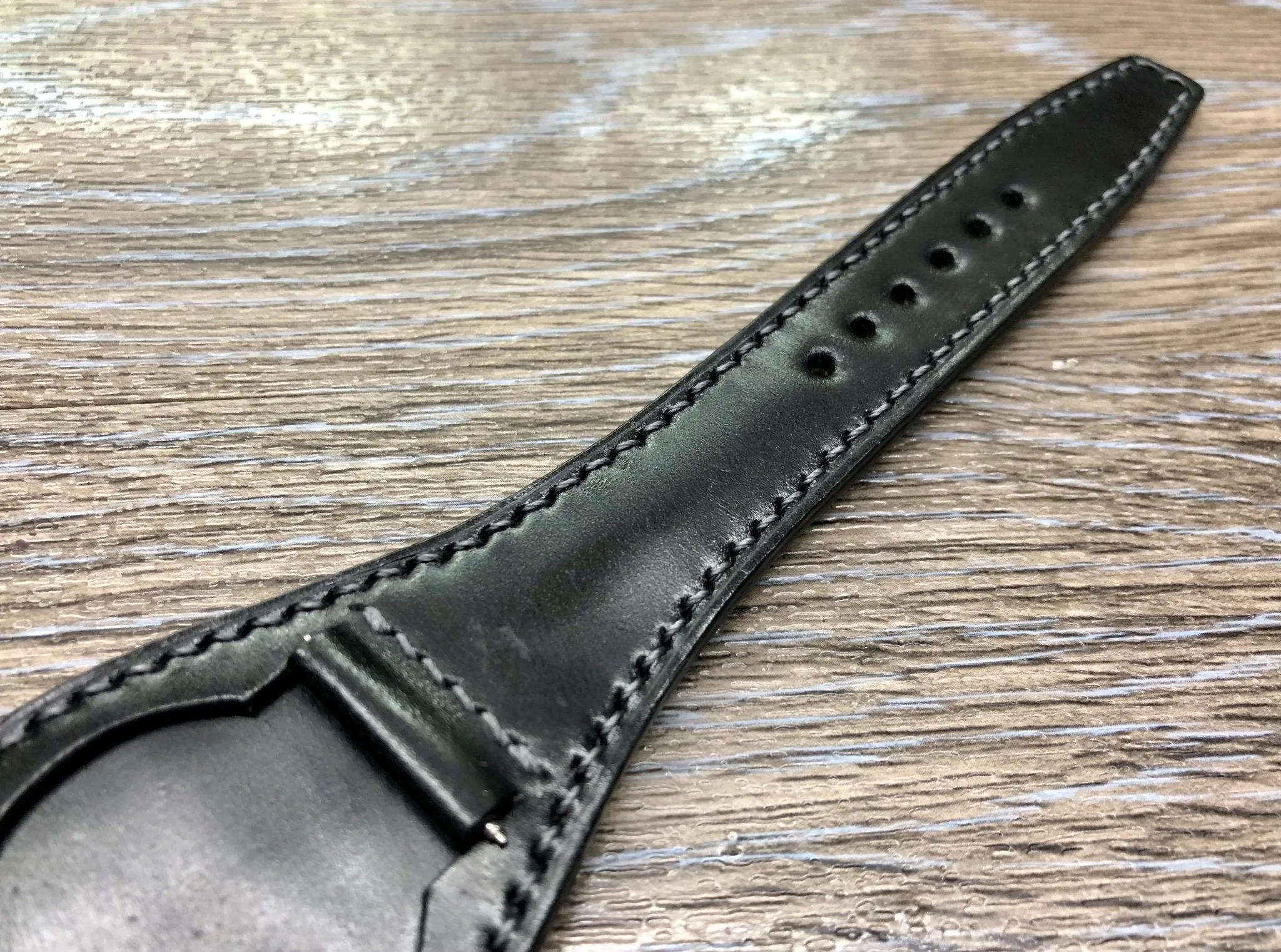 Black Shell Cordovan Leather Watch Straps 20mm, Mens Wrist Watch Bands, Leather Watch Bracelets, Full Bund Straps in Grey Stitching, Personalise Gift