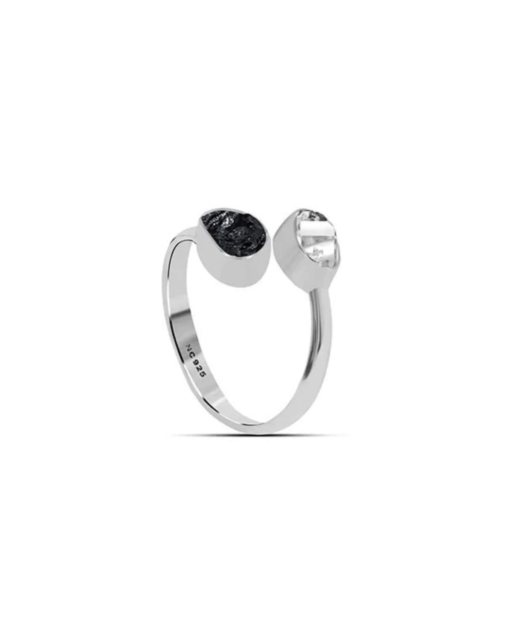 Black Tourmaline & Herkimer Diamond Raw 925 Sterling Silver Ring