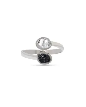 Black Tourmaline & Herkimer Diamond Raw 925 Sterling Silver Ring