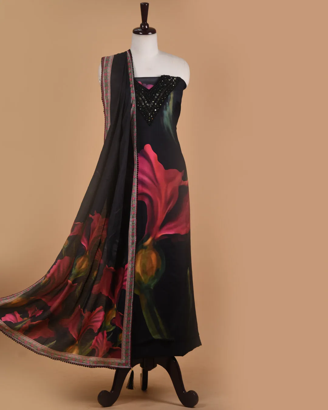 Black With Green Muslin Blend Colorful Digital Printed With Embroidery Unstitched Suit Fabric Set With Muslin Printed Dupatta