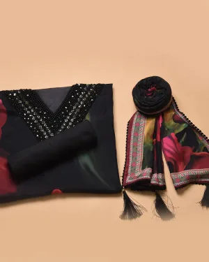 Black With Green Muslin Blend Colorful Digital Printed With Embroidery Unstitched Suit Fabric Set With Muslin Printed Dupatta