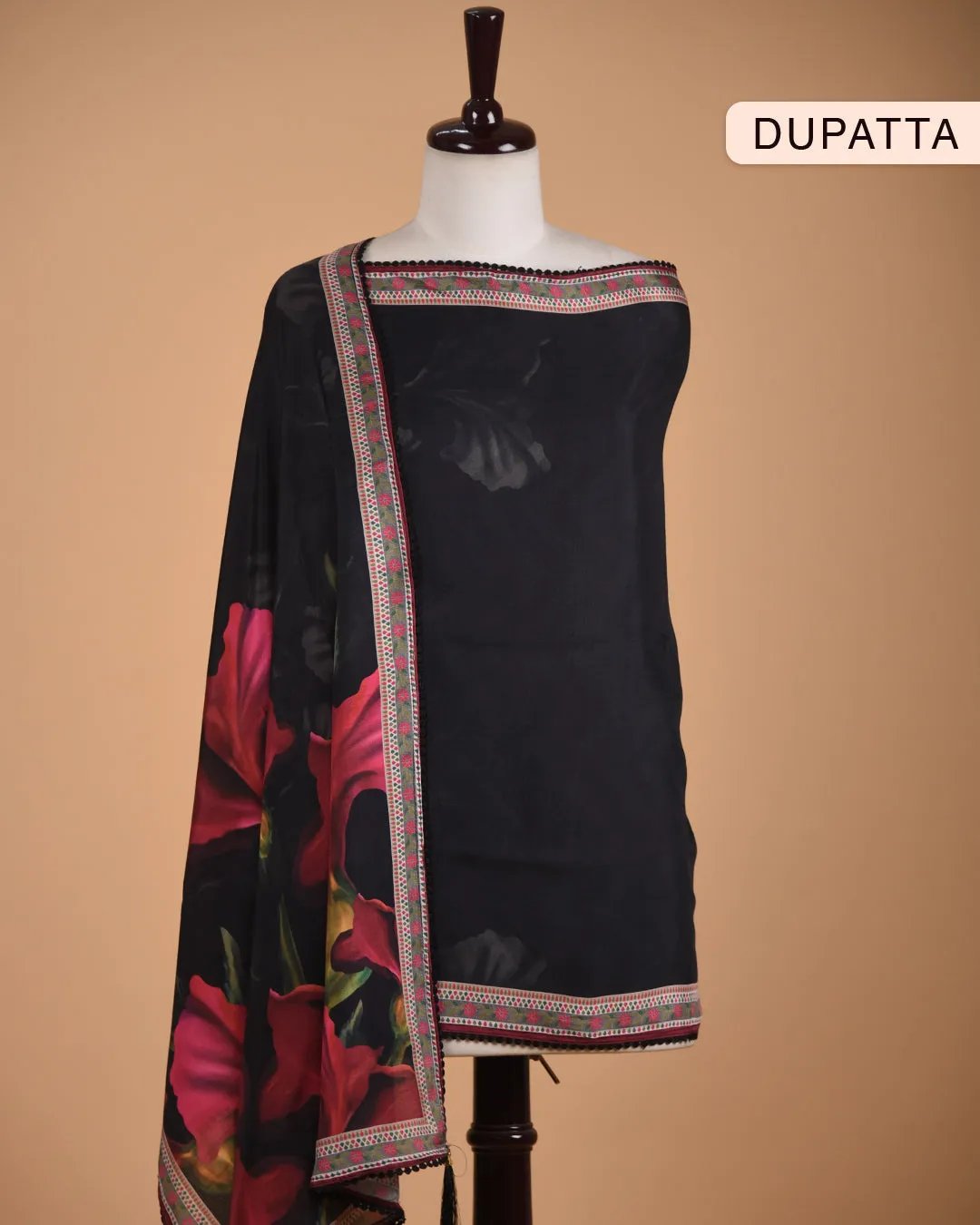 Black With Green Muslin Blend Colorful Digital Printed With Embroidery Unstitched Suit Fabric Set With Muslin Printed Dupatta
