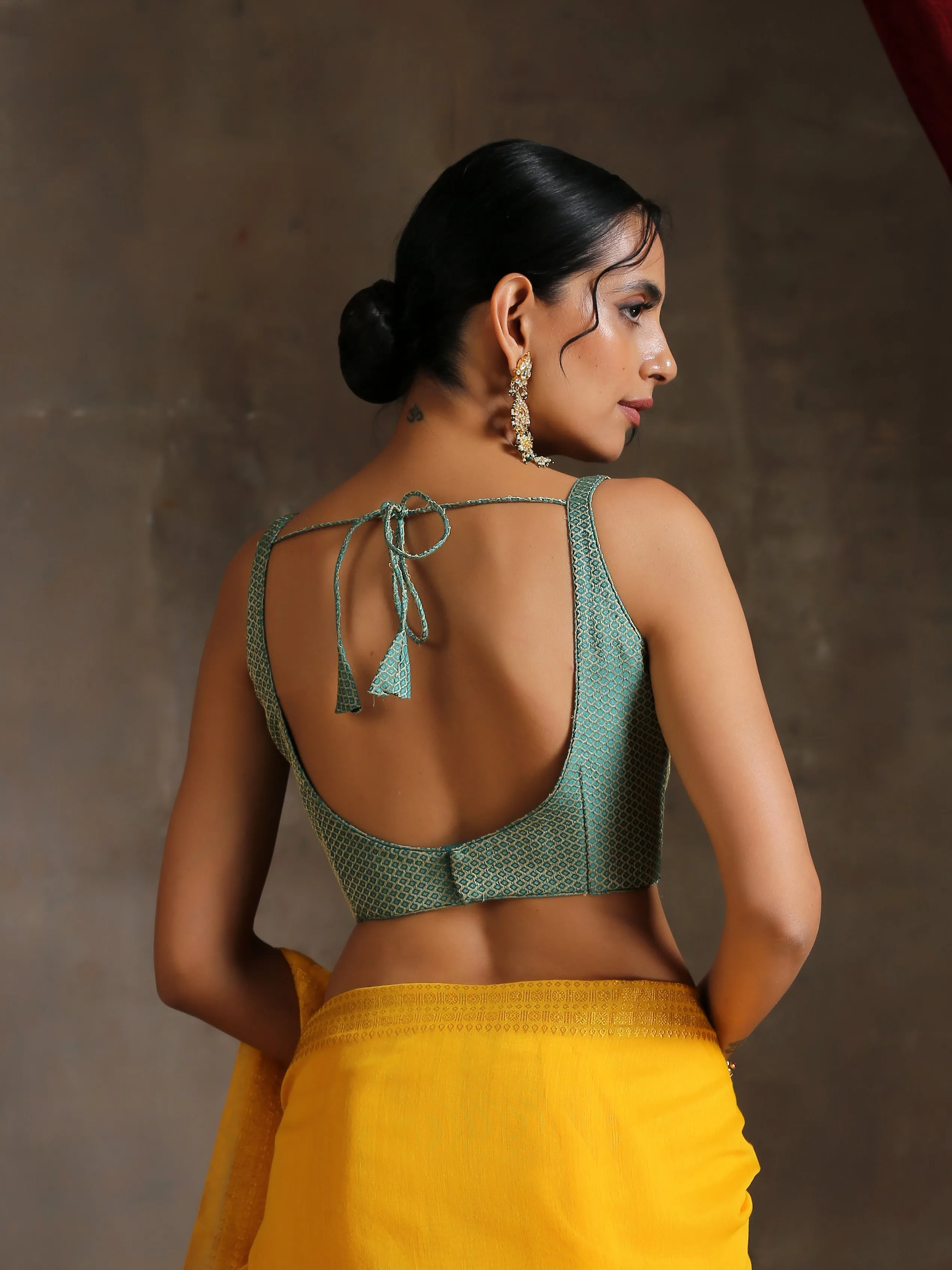 Blouse -  Green Jacquard Square Neck