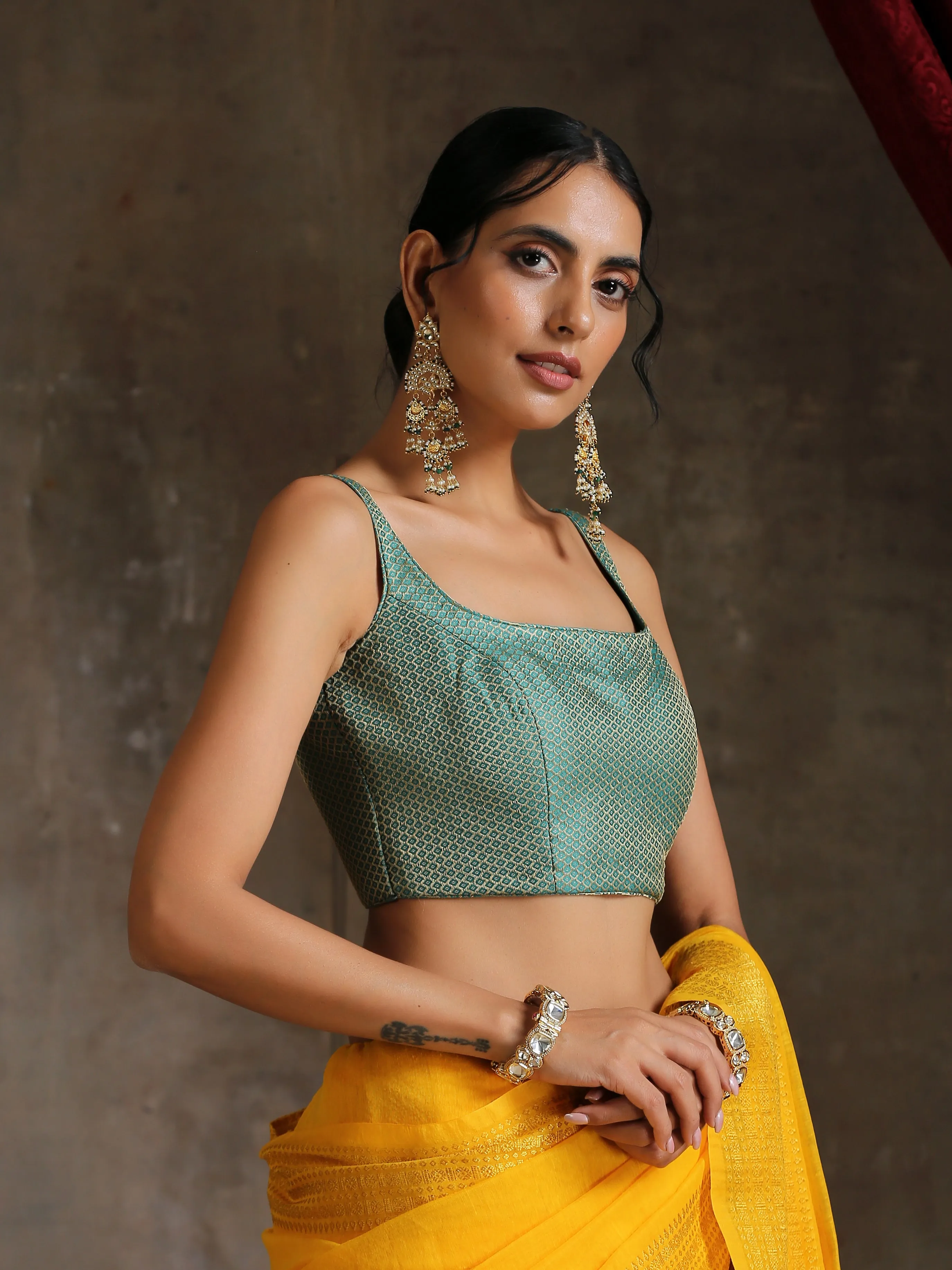 Blouse -  Green Jacquard Square Neck