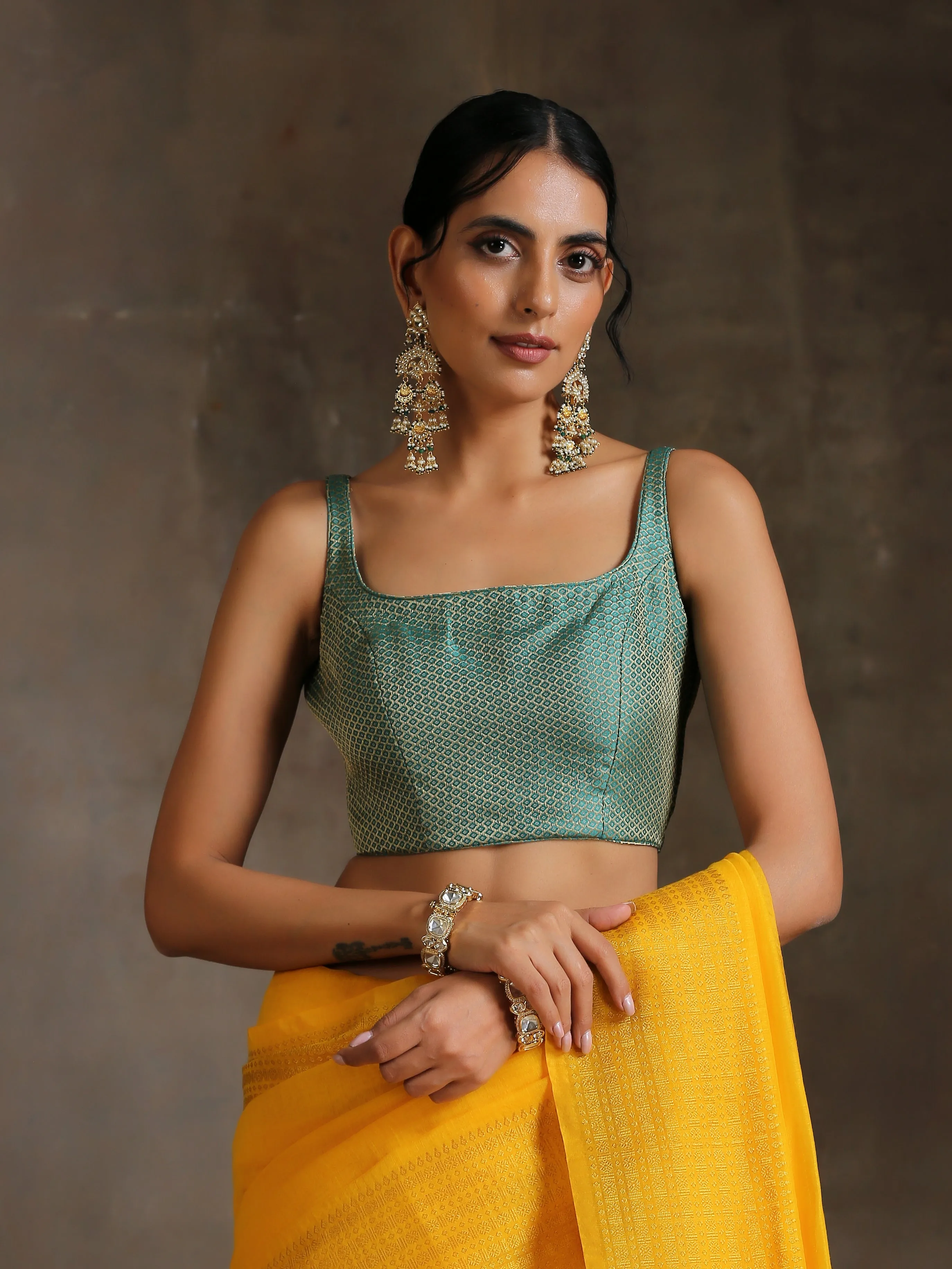Blouse -  Green Jacquard Square Neck