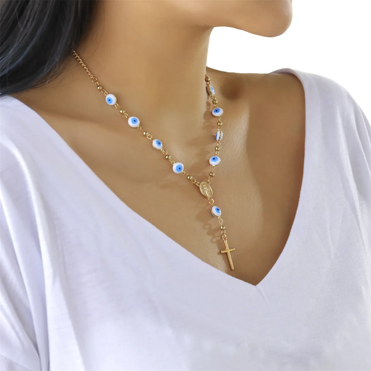 Blue Acrylic & 18K Gold-Plated Evil Eye Cross Pendant Necklace