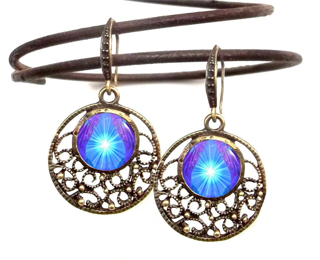 Blue and Violet Starburst Round Earrings, Positive Energy Artwork - "Hope"