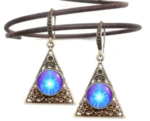 Blue and Violet Triangle Earrings, Pyramid Shape Accessory, Violet Starburst Art - "Hope"