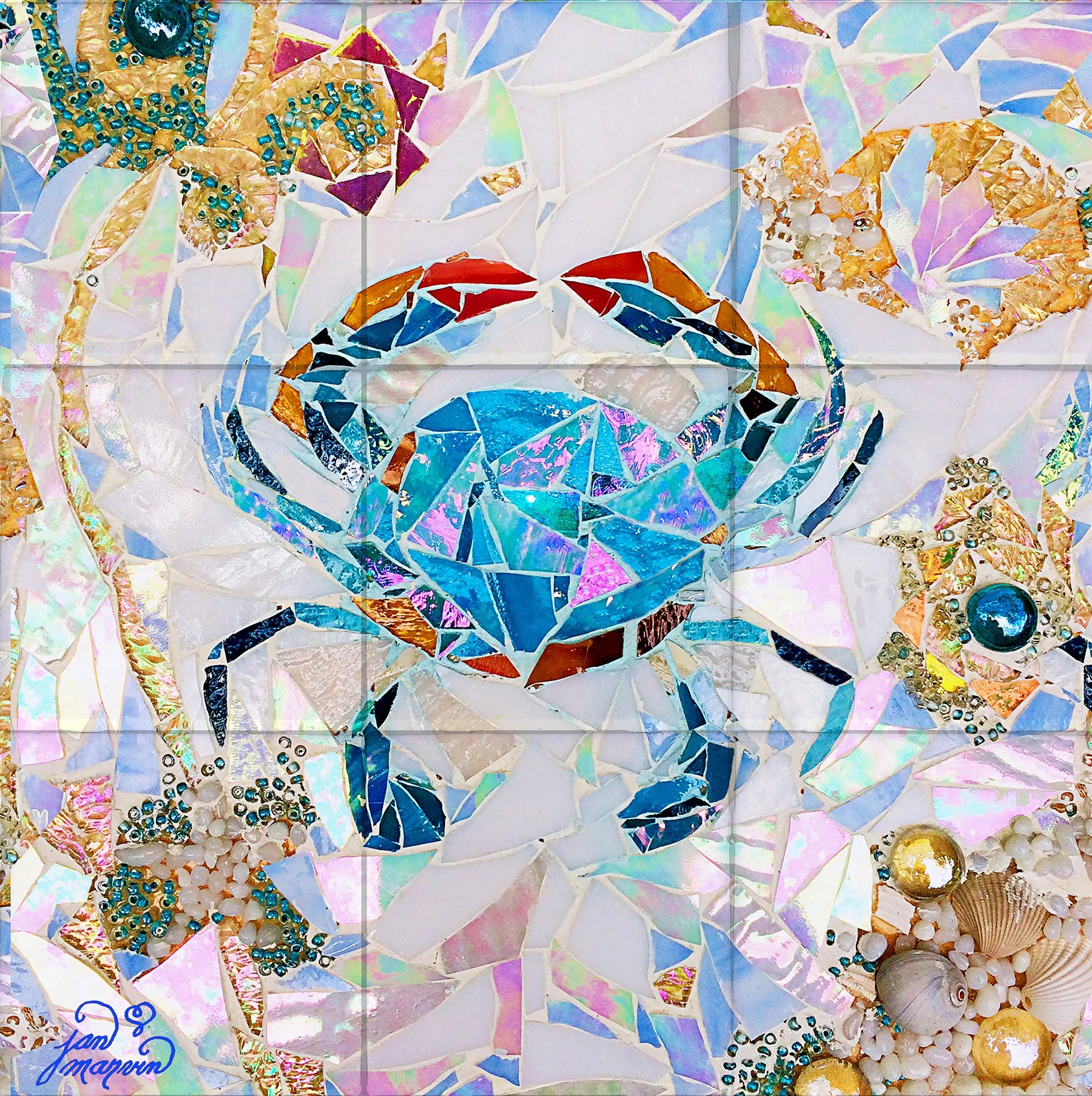 Blue Crab Mosaic Tile Mural, High Quality (won't fade), Indoor or Outdoor, Beach Wall Tiles, Backsplash, Shower, Mosaic