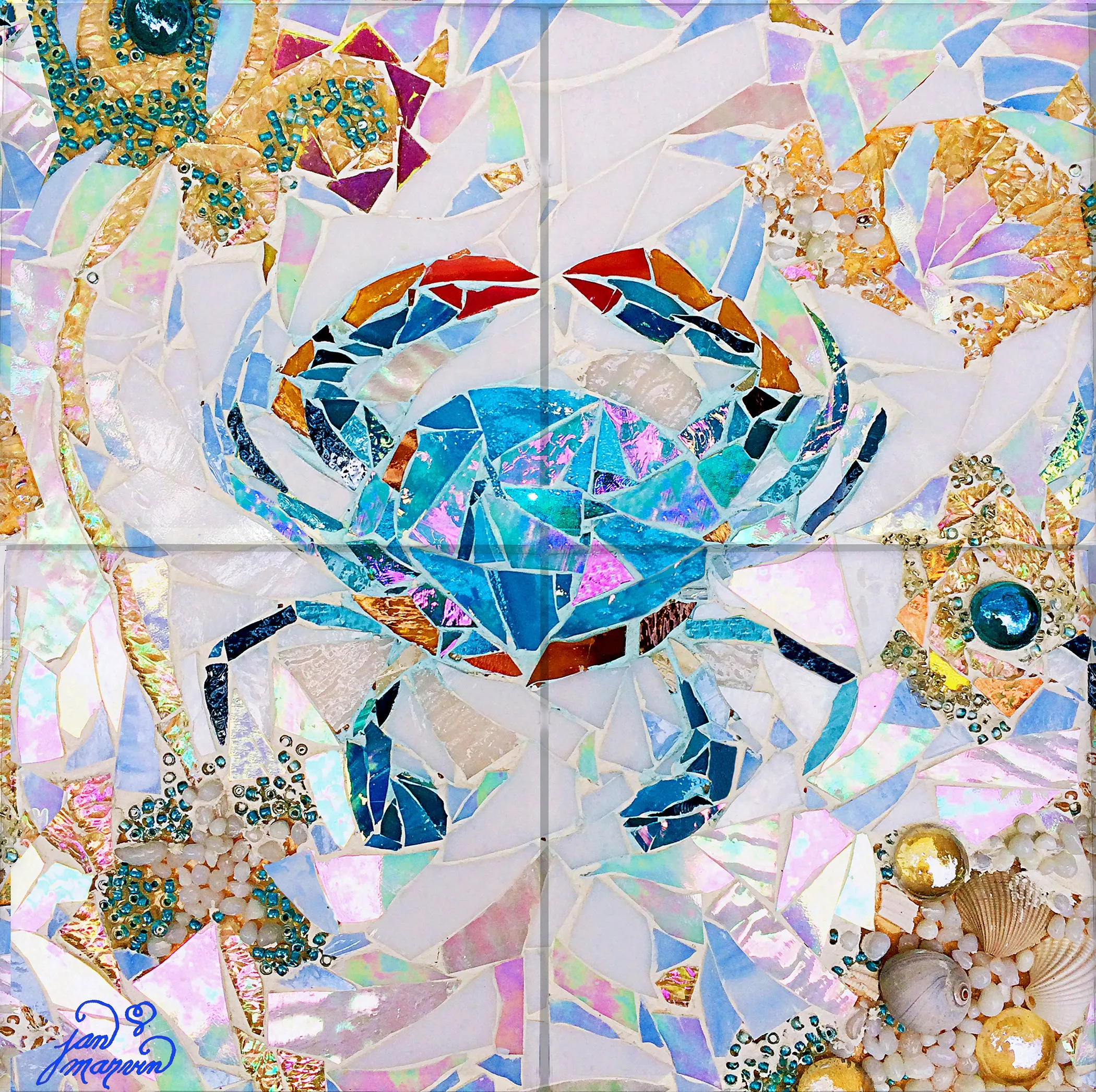 Blue Crab Mosaic Tile Mural, High Quality (won't fade), Indoor or Outdoor, Beach Wall Tiles, Backsplash, Shower, Mosaic