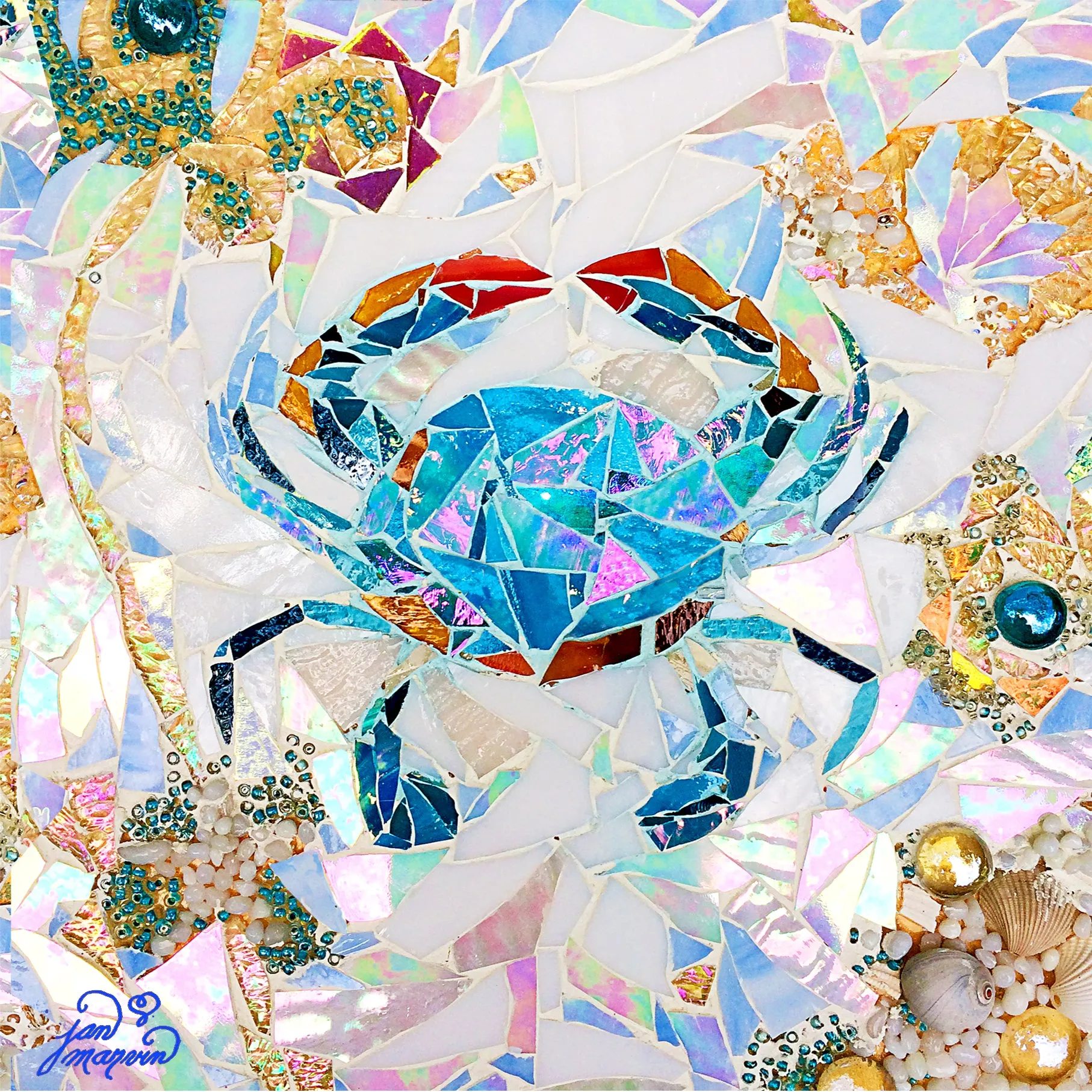 Blue Crab Mosaic Tile Mural, High Quality (won't fade), Indoor or Outdoor, Beach Wall Tiles, Backsplash, Shower, Mosaic