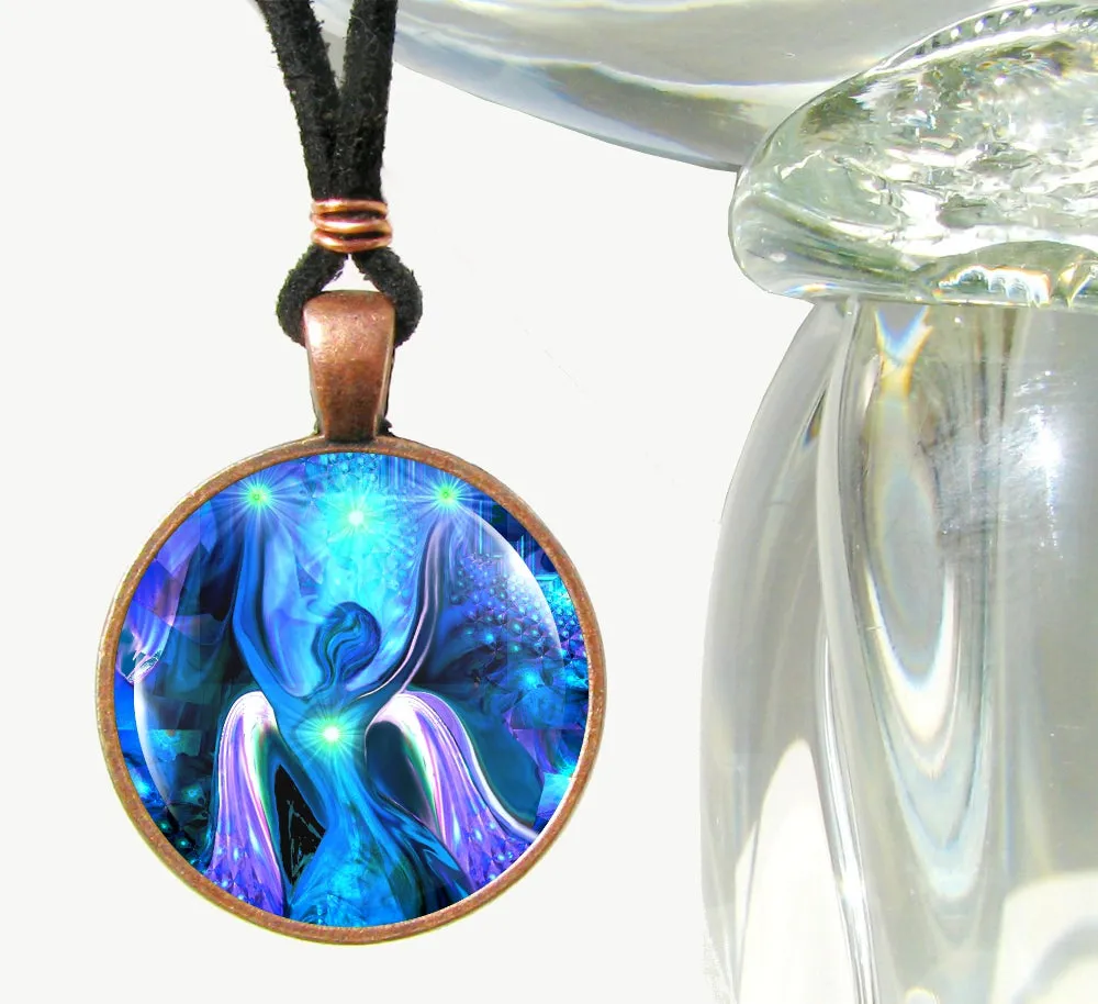 Blue Energy Art Necklace, Abstract Wearable Art Angel Pendant - "Alignment"