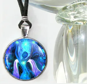 Blue Energy Art Necklace, Abstract Wearable Art Angel Pendant - "Alignment"