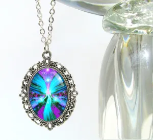 Blue Energy Necklace, Silver Oval Angel Art Pendant - "The Lightworker"