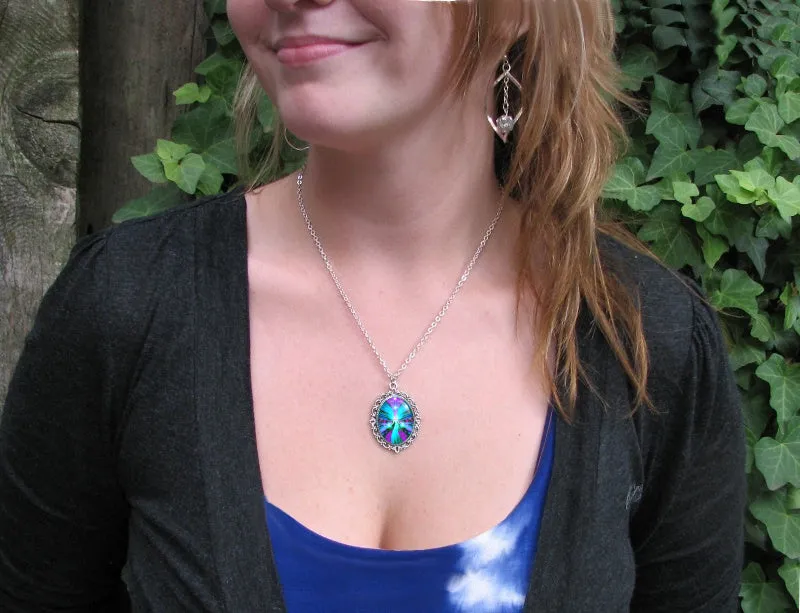 Blue Energy Necklace, Silver Oval Angel Art Pendant - "The Lightworker"