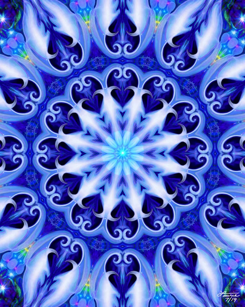Blue Mandala Art Print, Reiki-Infused Visionary Artwork by Primal Painter -" Soul Connection"