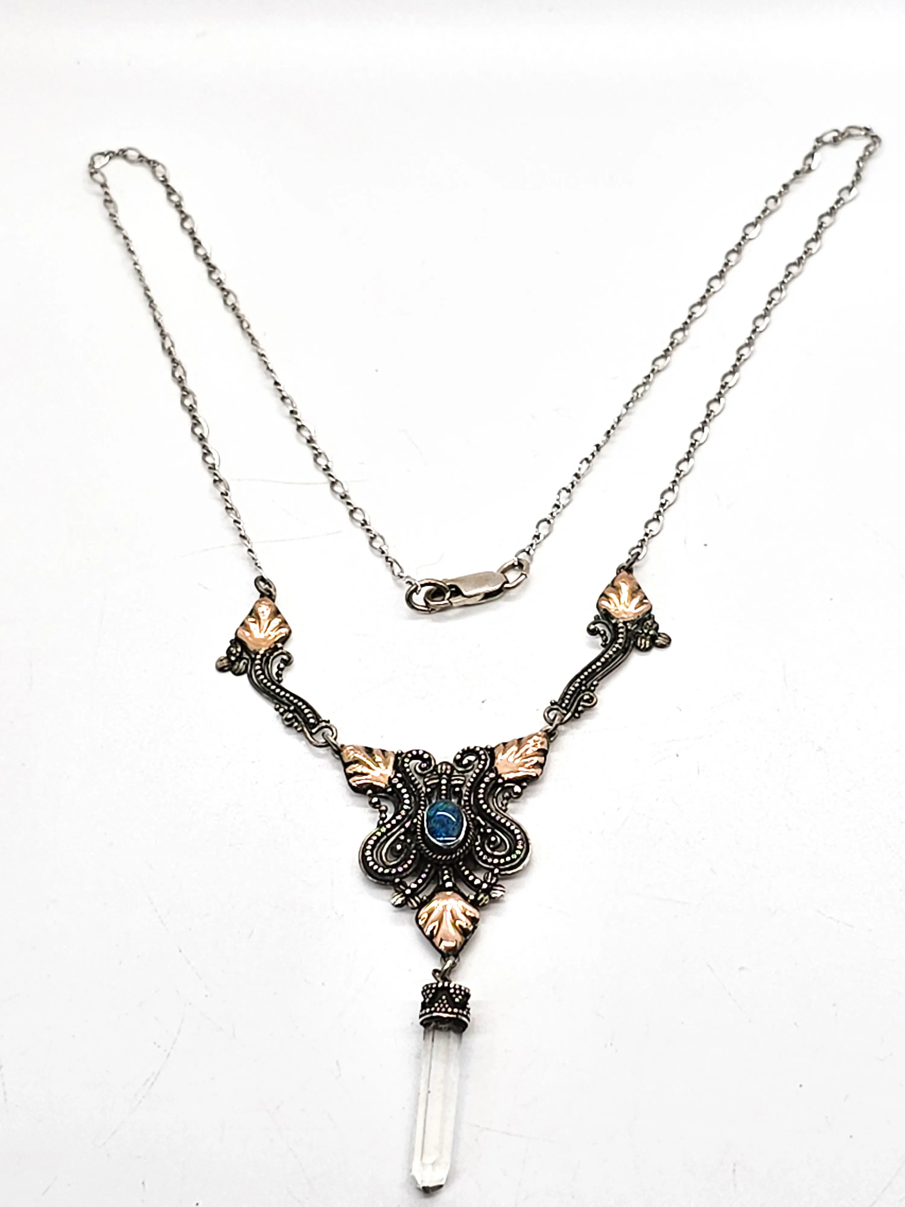 Blue opal gold over sterling silver leaf tribal drop terminated clear quartz necklace