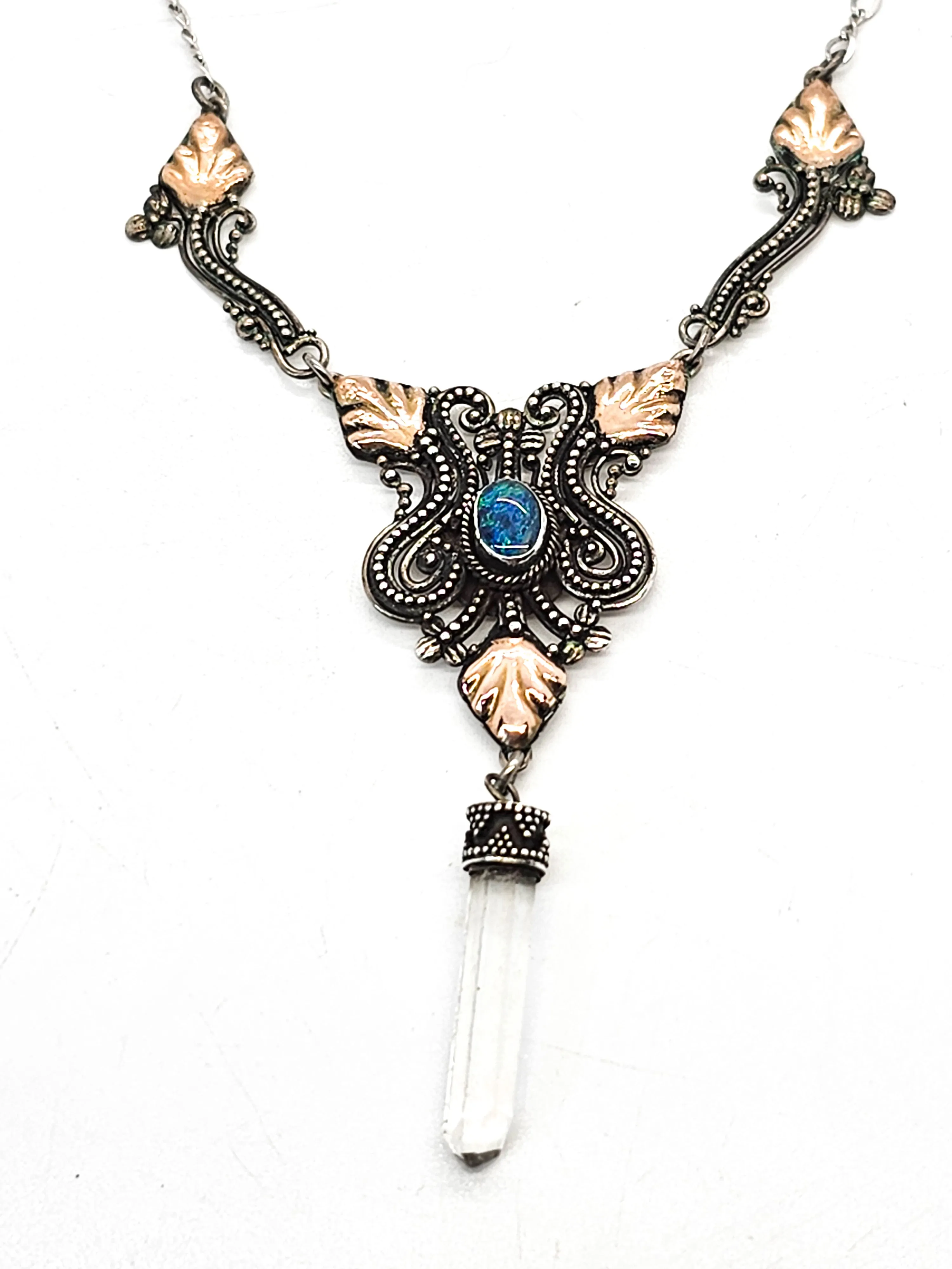 Blue opal gold over sterling silver leaf tribal drop terminated clear quartz necklace