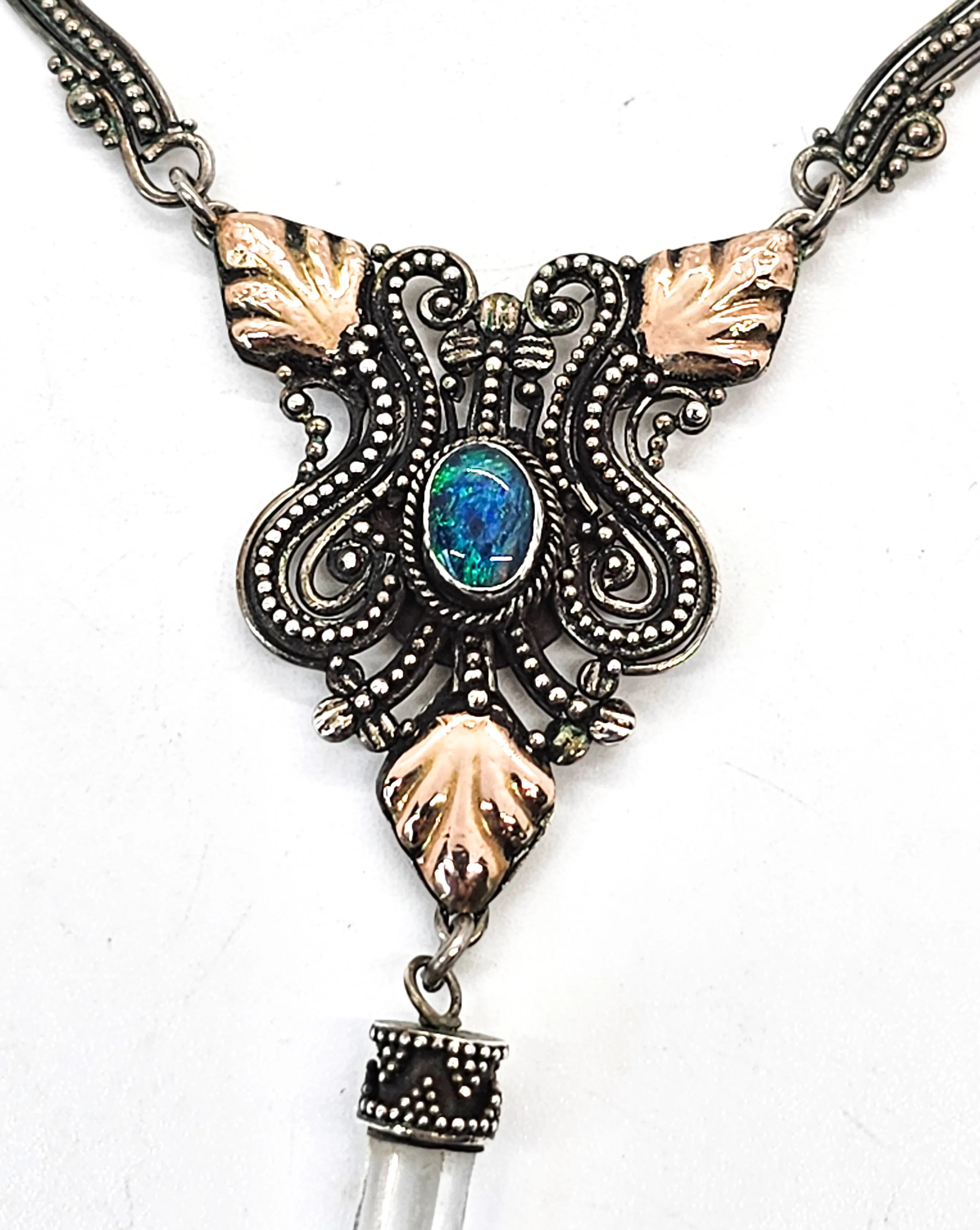 Blue opal gold over sterling silver leaf tribal drop terminated clear quartz necklace