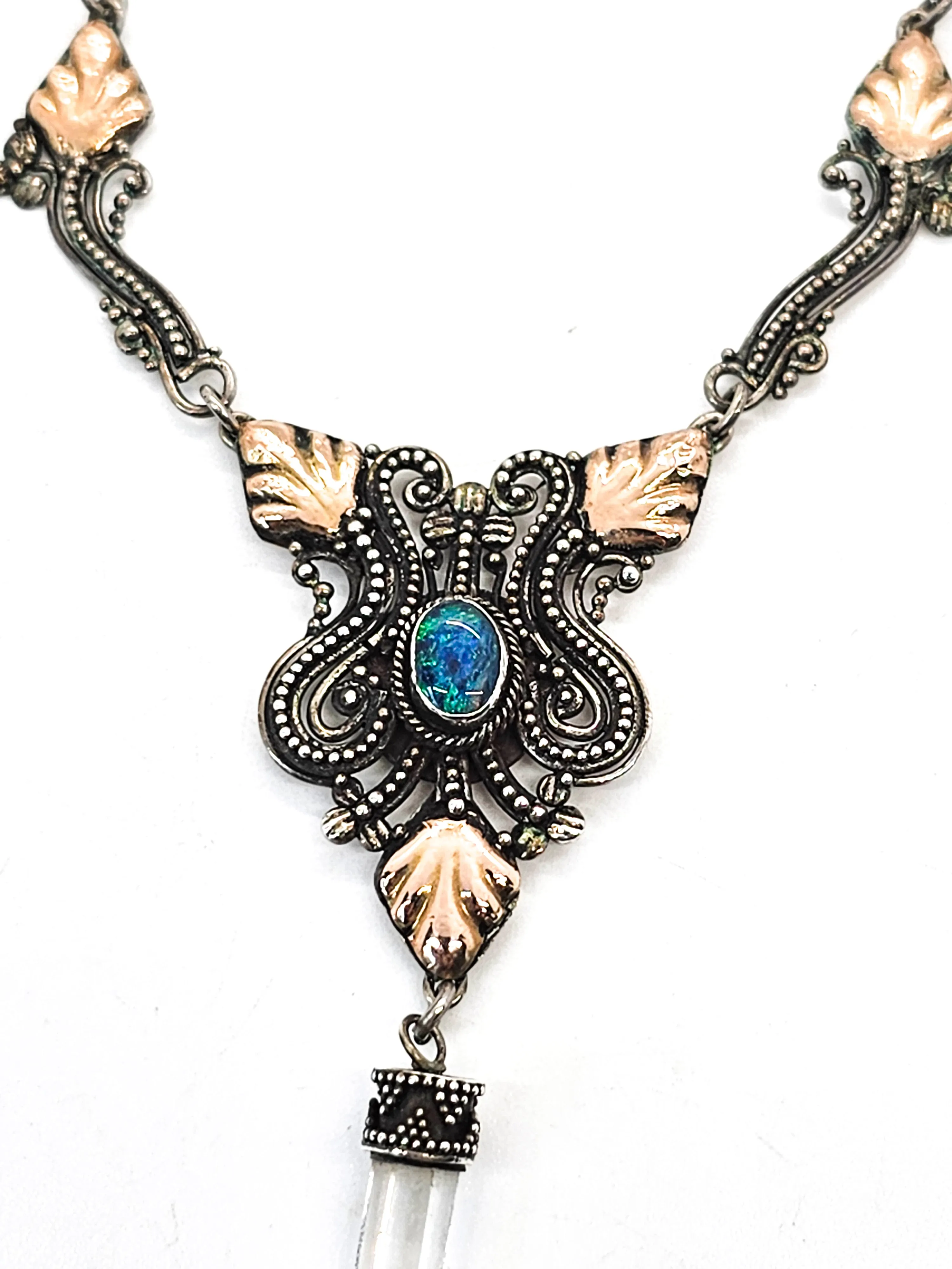 Blue opal gold over sterling silver leaf tribal drop terminated clear quartz necklace