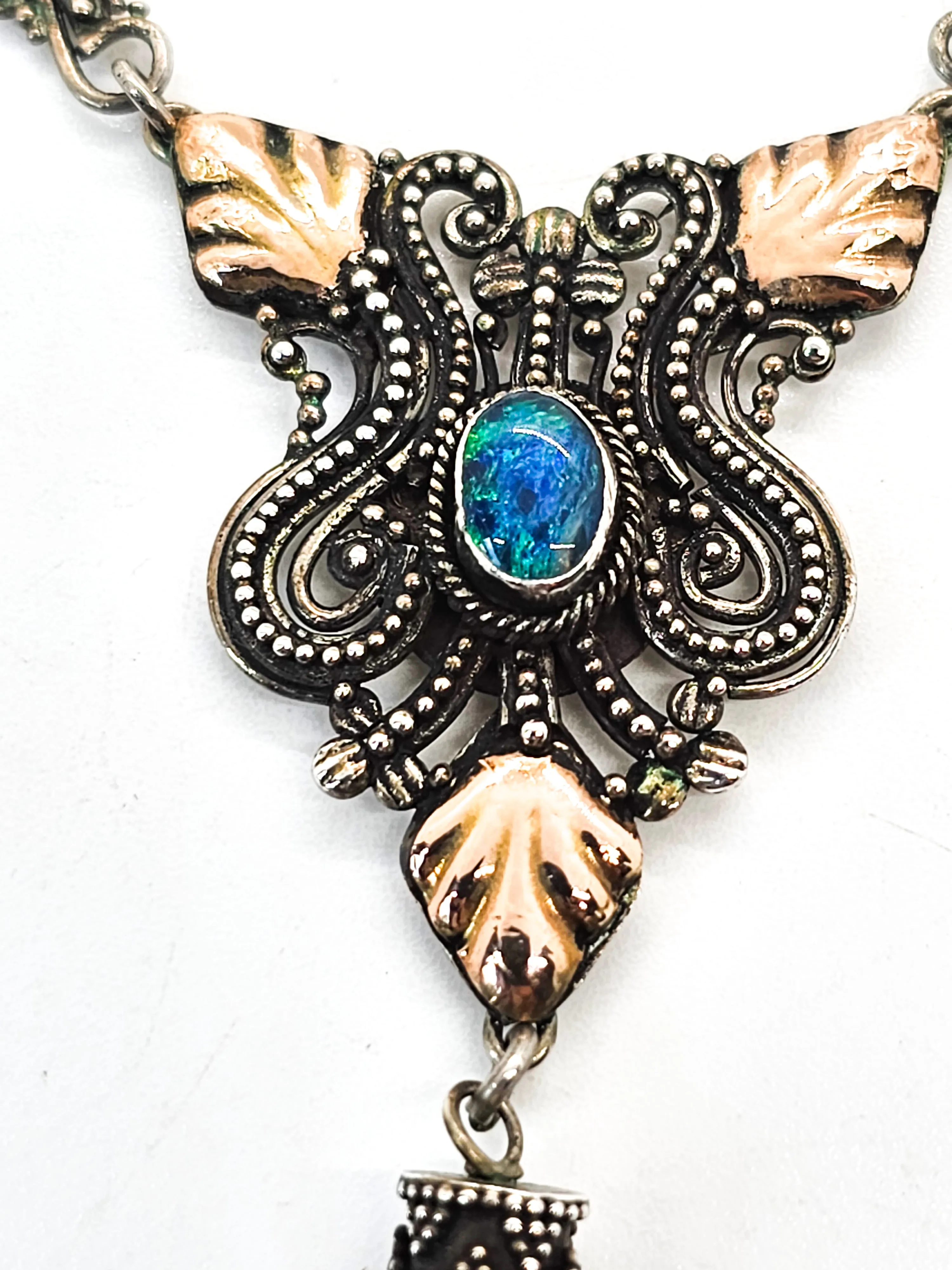 Blue opal gold over sterling silver leaf tribal drop terminated clear quartz necklace