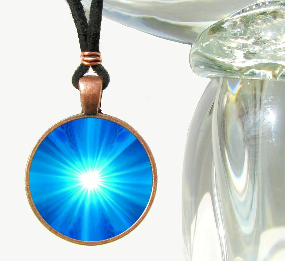 Blue Throat Chakra Necklace, Vivid Blue Starburst Artwork, Energy Jewelry