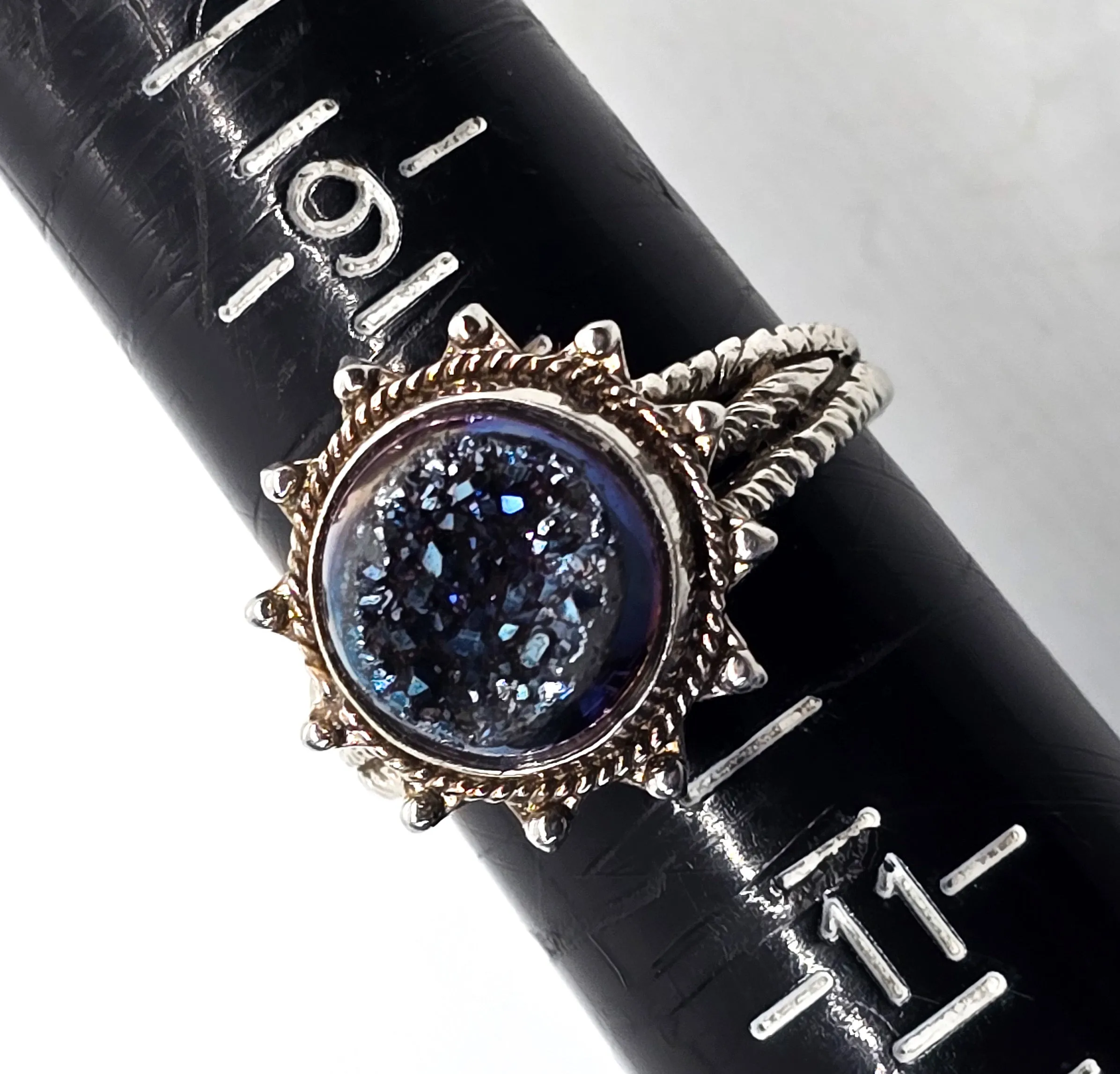 Blue titanium Druzy quartz gemstone PJC sterling silver split shank ring size 10