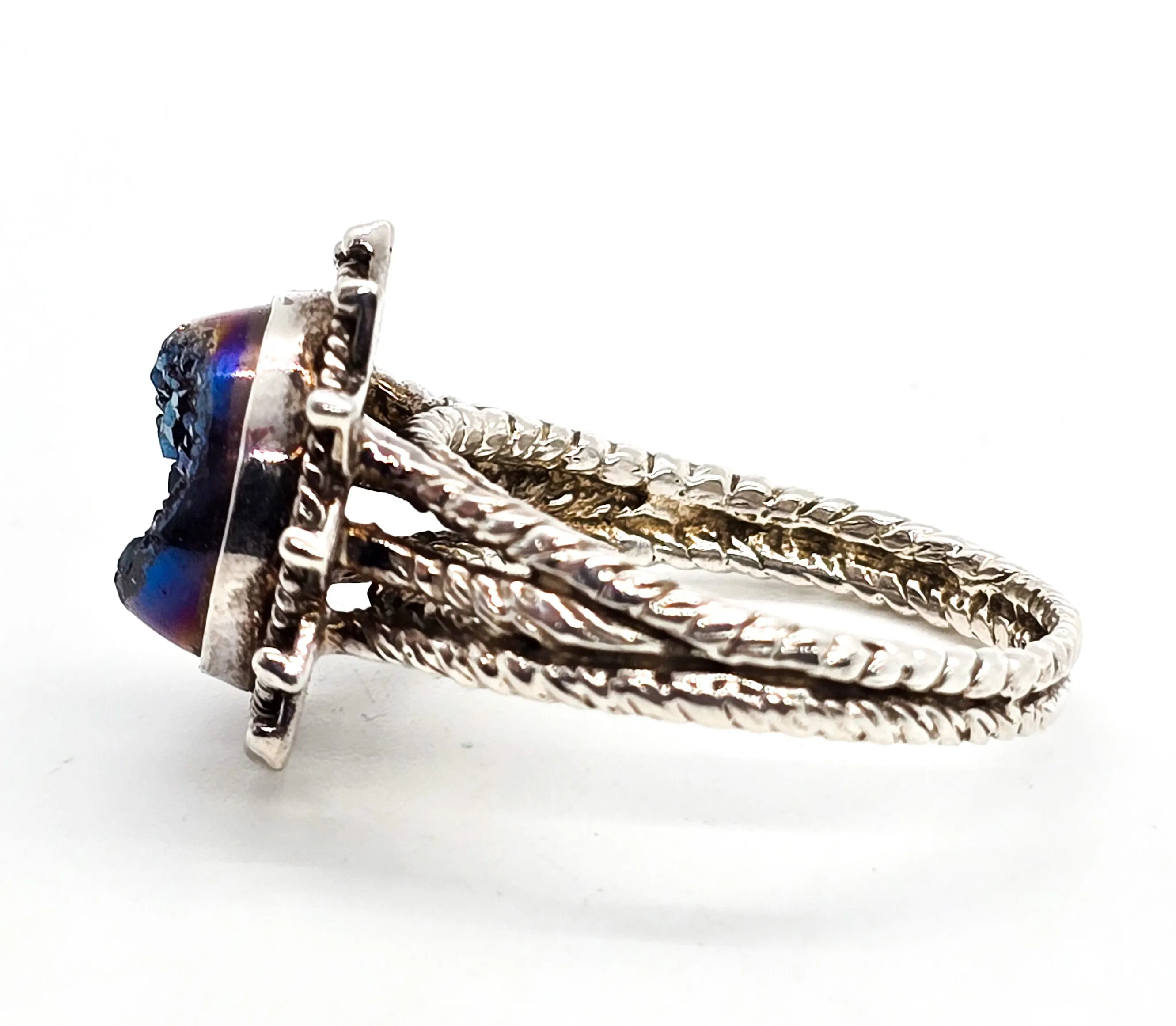 Blue titanium Druzy quartz gemstone PJC sterling silver split shank ring size 10
