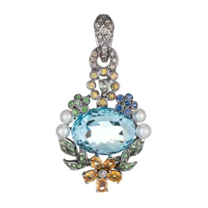 Blue Topaz Multi Gemstone Pendant Enhancer 18k White Gold Flower Leaves Jewelry
