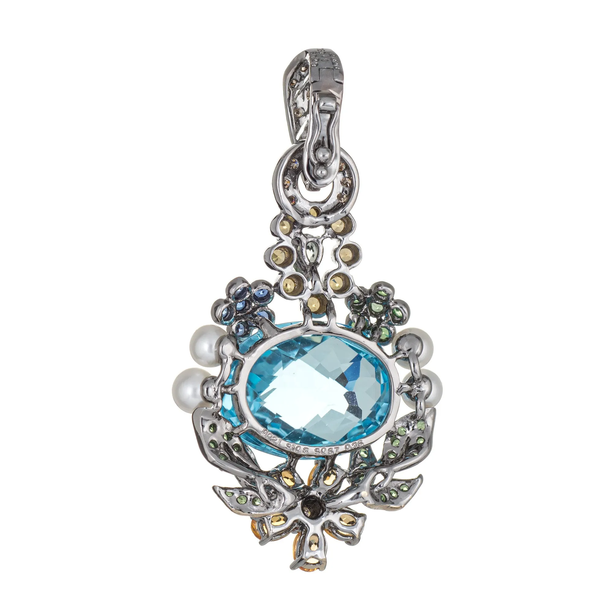 Blue Topaz Multi Gemstone Pendant Enhancer 18k White Gold Flower Leaves Jewelry