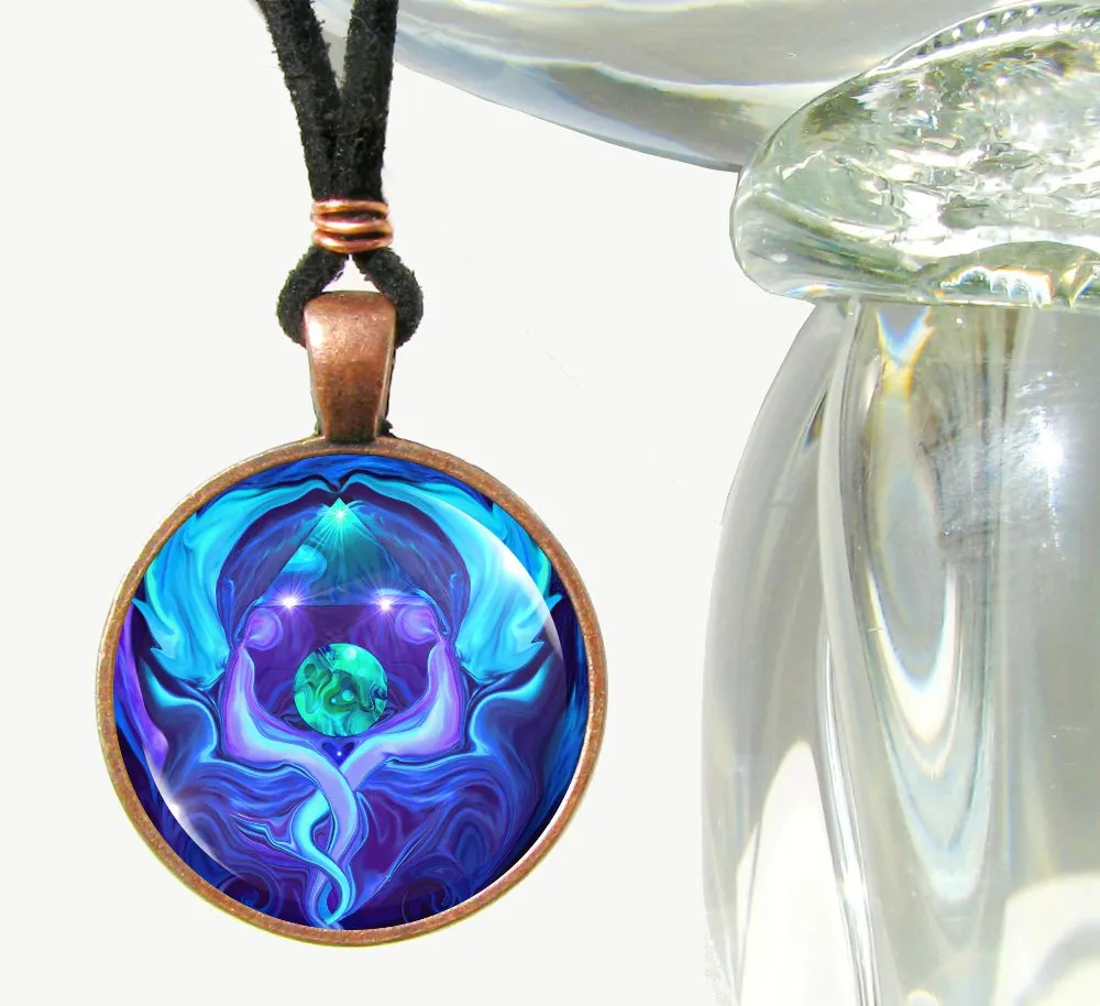 Blue Twin Flames Necklace, Chakra Jewelry, Reiki Energy Art Pendant - "Healing Circle"