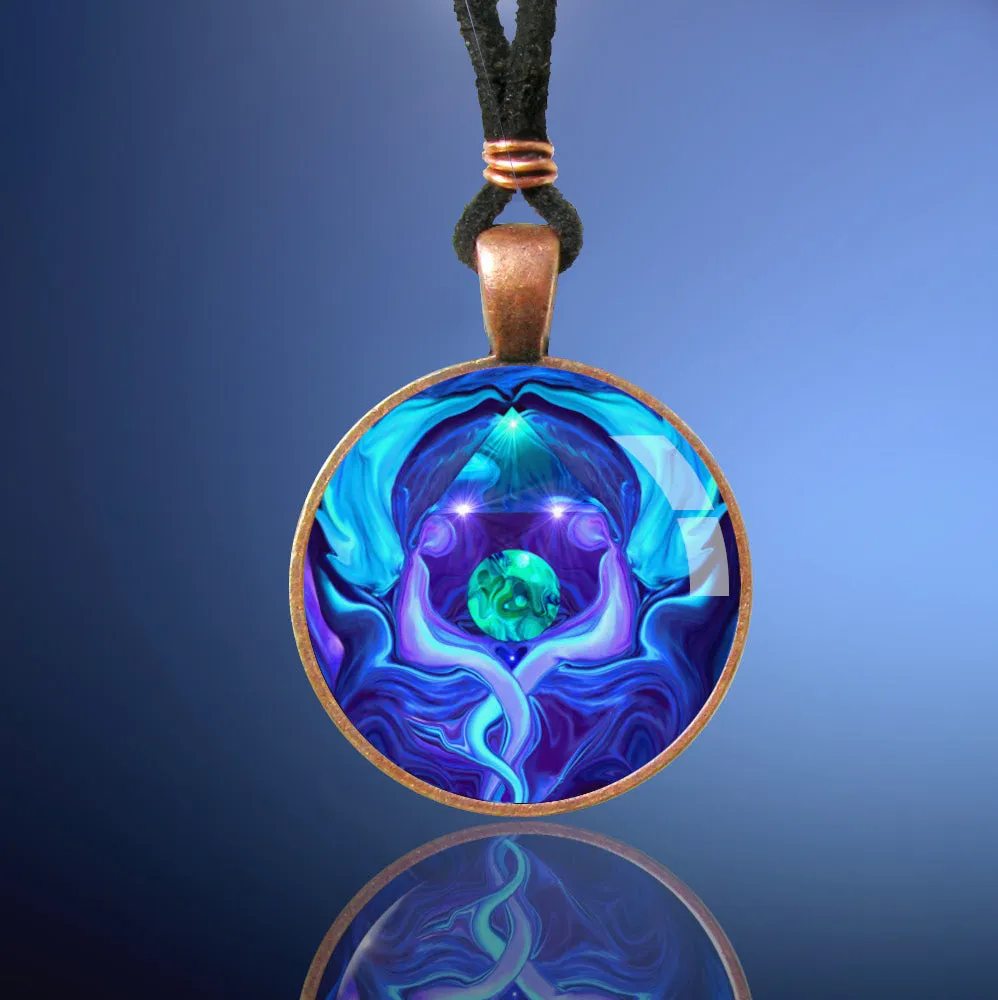 Blue Twin Flames Necklace, Chakra Jewelry, Reiki Energy Art Pendant - "Healing Circle"