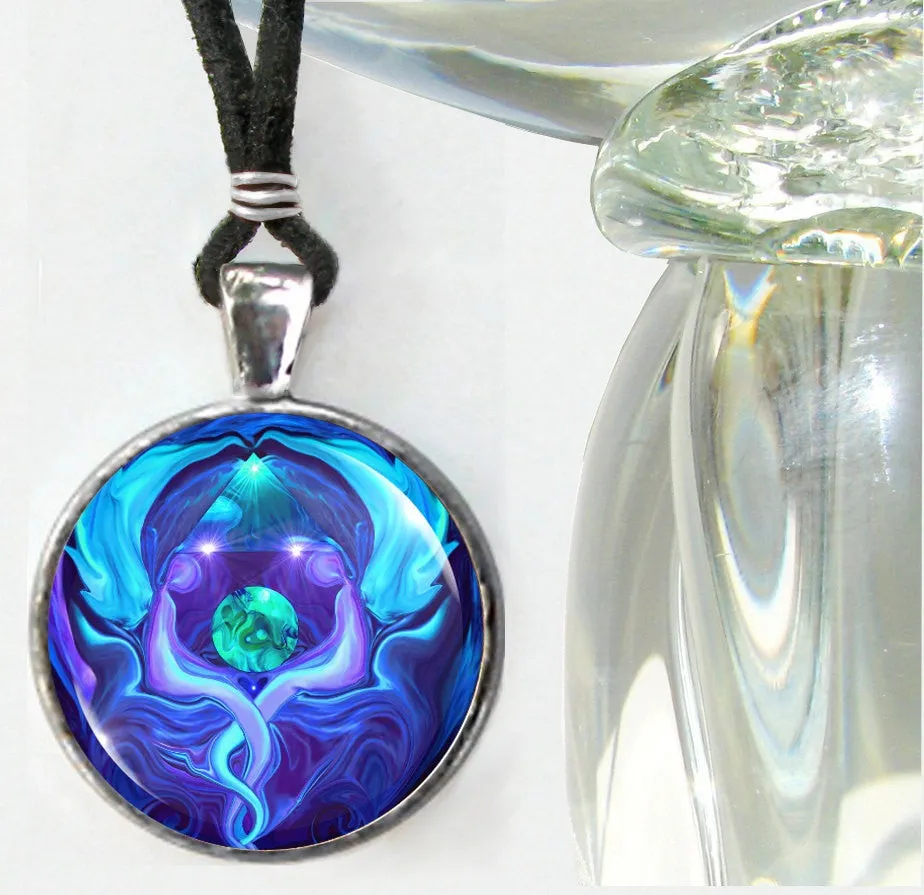 Blue Twin Flames Necklace, Chakra Jewelry, Reiki Energy Art Pendant - "Healing Circle"