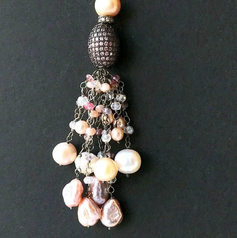 Blush Keishi Pearl Pink Spinel Oxidized Silver Long Tassel Necklace Pave CZ