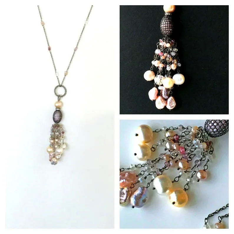 Blush Keishi Pearl Pink Spinel Oxidized Silver Long Tassel Necklace Pave CZ