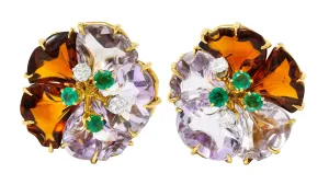 Boucheron Paris Diamond Emerald Citrine Amethyst 18 Karat Gold Flower Ear-Clip Earrings